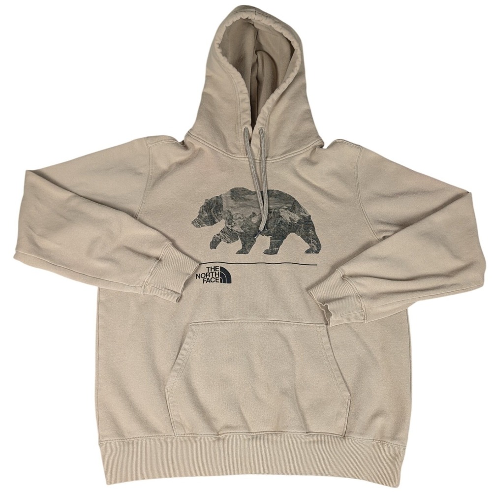 The North Face Hoodie Mens Medium Tan Bear Mountain Graphic Pullover Excellent